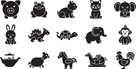 Set of black and white cartoon animals and including cat dog bird elephant panda and more © DS STORE