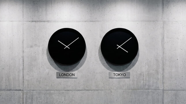 Modern clock showing two time zones with identical black clocks on a grey concrete wall, international business emigration concept