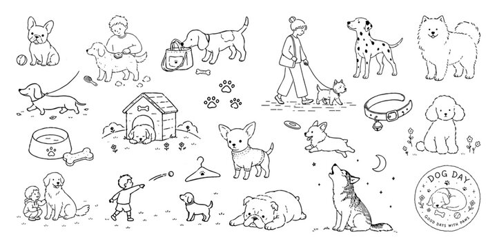 犬との暮らしを描いたシンプル線画イラストセット／Dog Lifestyle, Simple Line Art, Pet Icons, Hand Drawn Collection
