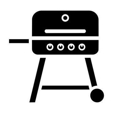 Minimalist black and white icon of a modern gas grill with bold geometric shapes isolated on a white background, culinary equipment design concept