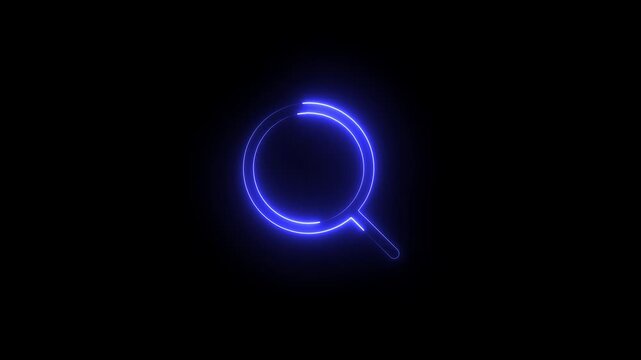 Neon blue magnifying glass icon animation. Glowing search icon on dark background for digital ui, website, app interface, and tech visuals