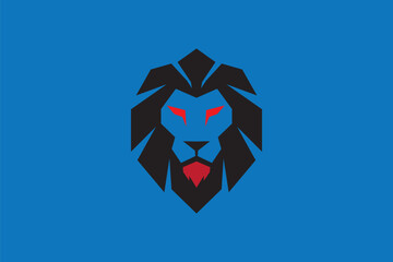 Stylized lion head featuring a bold geometric black mane with a blue face and sharp red eyes isolated on a solid blue background, for sports team, mascot or gaming, clan emblem identity © PixelSaga MH2 
