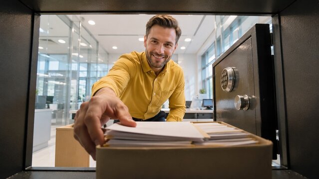 Point of view from inside an office safe as a professional stores confidential business documents, highlighting secure records management, corporate security, document protection