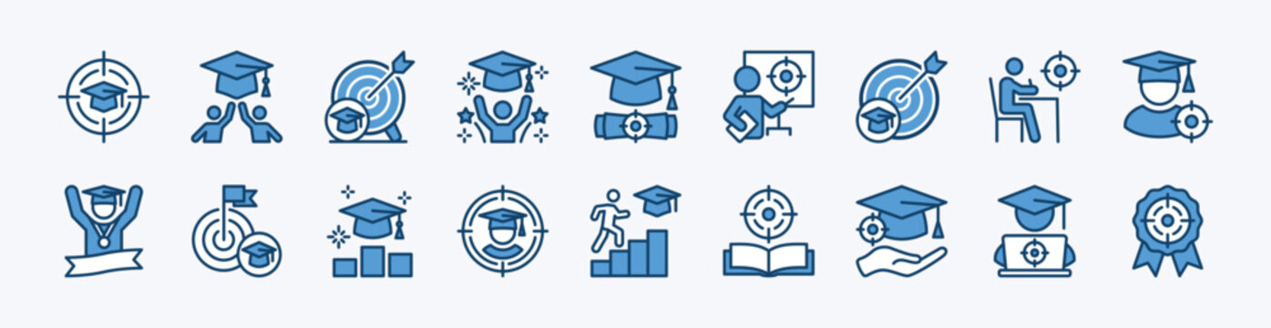Set of education aim, target and bullseye icon. Contains graduation cap, success, achievement, celebration, champion, student, college, textbook, study, teaching - vector illustration
