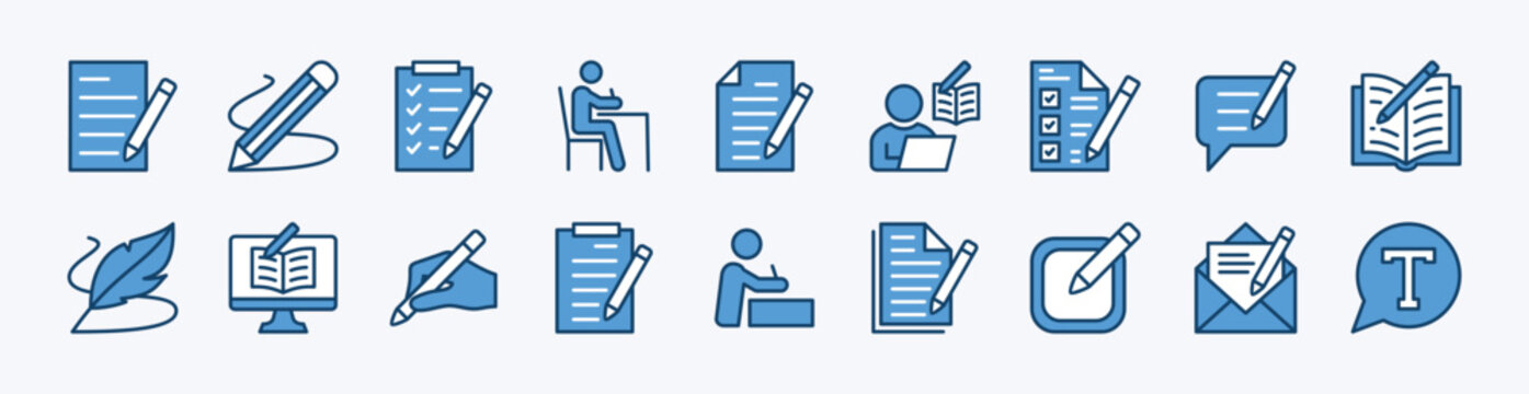 Set of writing icon. Contains document paper, note, book, notebook, letter, list, sheet, report, signature, edit, author, digital text of social media, memo, content creation - vector illustration