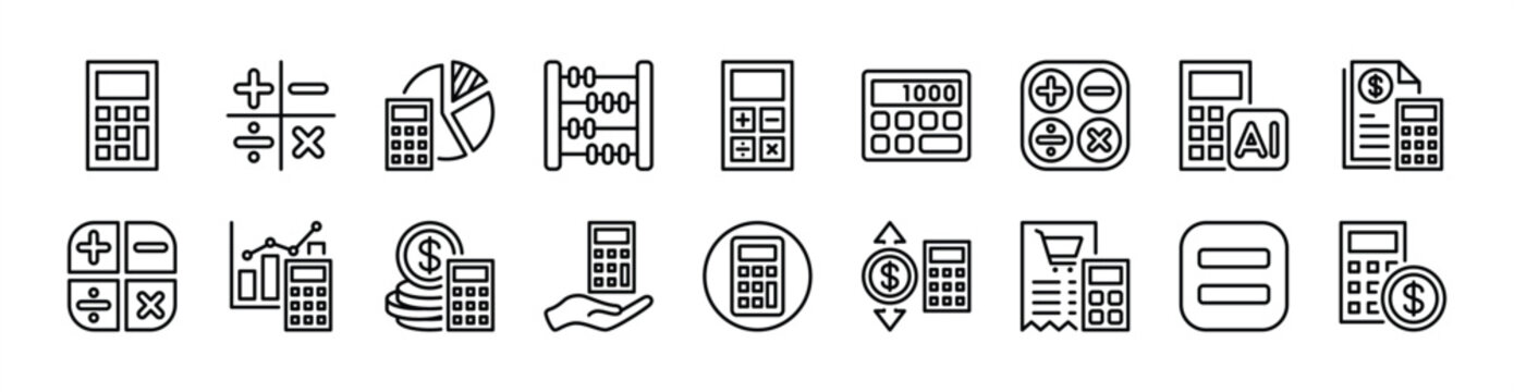 Calculator icon set. Contains mathematic, percentage, count, addition, subtraction and calculation for tax, rate, accounting, finance, market growth chart, bank bills, economy - vector illustration