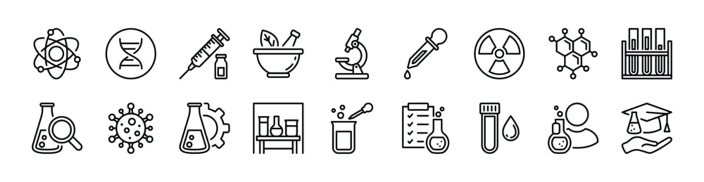 Laboratory science icon set. Contains chemistry, biology, molecule structure, research, experiment, microscope, lab equipment, DNA, atomic reaction, test tube, nuclear, injection - vector illustration
