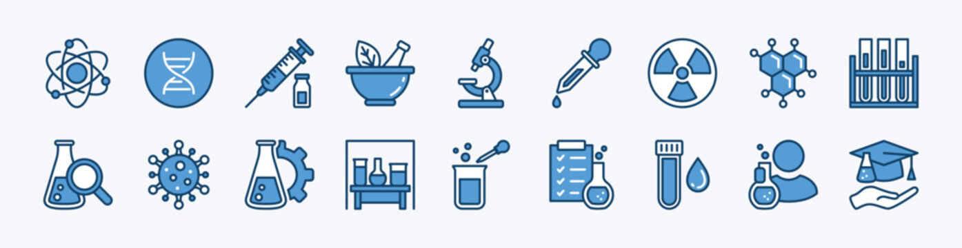 Set of science icon. Contains laboratory, chemistry, biology, experiment, molecule structure, research, microscope, lab equipment, DNA, atomic reaction, test tube, nuclear, injection - illustration