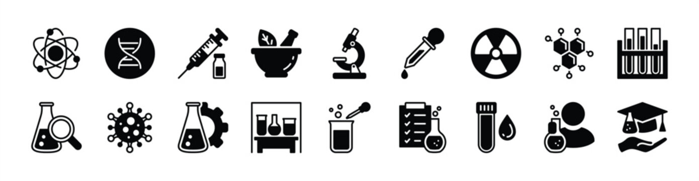 Laboratory science icon vector set. Contains chemistry, biology, experiment, molecule structure, research, microscope, lab equipment, DNA, atomic reaction, test tube, nuclear, injection - illustration