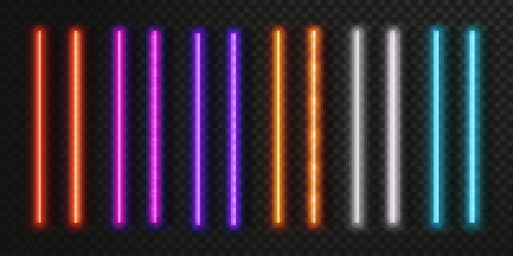 Bright neon LED lamp with glowing tube strips on dark background. Red, blue, pink and purple horizontal fluorescent bars create light beam effects for retro party designs and cyber club visuals.