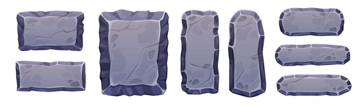 Game UI stone frame collection with rocky textures and cartoon style. Medieval RPG boards for adventure interfaces and jungle-themed buttons. Fantasy menu panels for mobile app design elements.