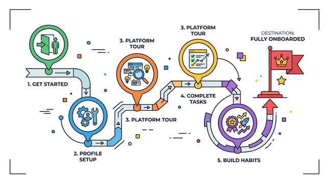 Colorful infographic illustrating software development process steps.