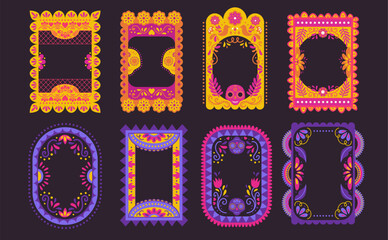 Obraz premium Mexican frame with border pattern for festive background design. Latino vector graphic - hispanic floral textures and folklore elements. Bright poster for carnival invitations and fiesta celebrations.