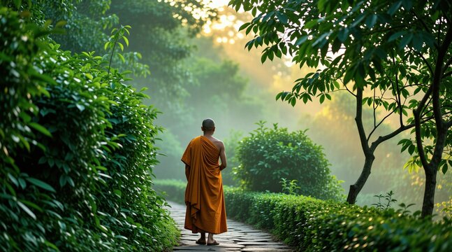 Monk walks stone path thru rich green garden early morning light. Orange robed Buddhist monk finds peace, spiritual calm. Nature serenity, contemplation walk, peaceful escape.