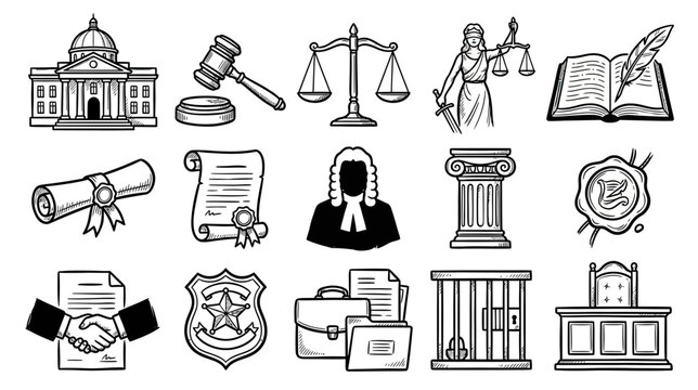 Law and Justice Icons: Gavel, Scales, Lady Justice, Courthouse, Documents, Judge