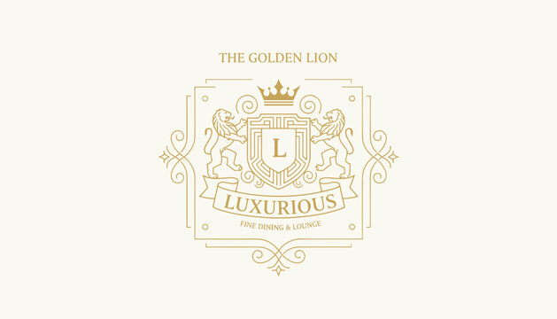 Royal coat of arms logo template featuring twin lions, a crown, and luxurious text in an elegant golden style.