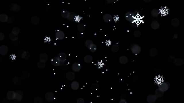 Snowflakes Falling in Slow Motion Against a Dark Background with Bokeh Lights Featuring Winter, Snow, Ice with Crystals and Frozen Elements for Cold