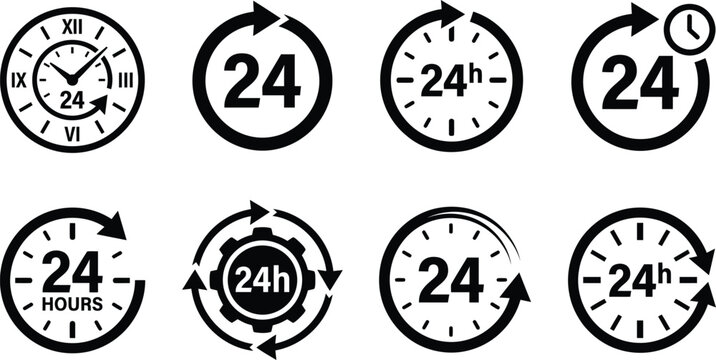 Collection of 24 hour clock icons in black and white for 247 service or around the clock availability