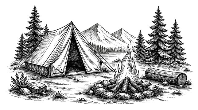 Camping Tent Set Up In Forest Campsite.