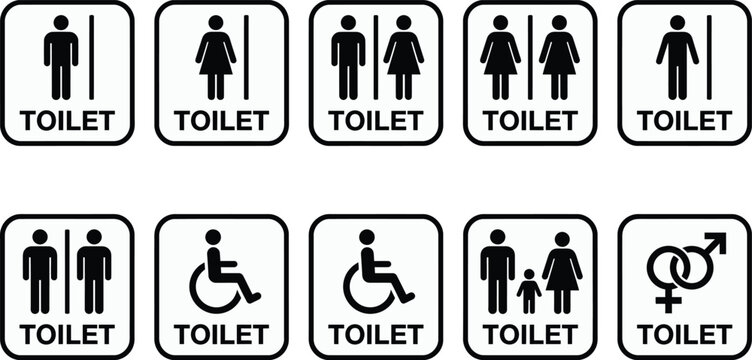 Collection of various toilet signs for men, women, unisex, and accessible restrooms