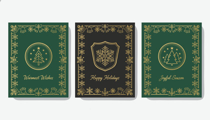 Naklejka premium Three elegant christmas card designs with luxury gold snowflake borders, winter pine trees, and festive wishes.