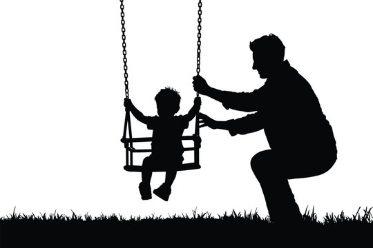 Silhouette of a father pushing his young child on a swing set in a park setting with grass and a bright white sky, capturing a moment of family joy.keywords: father, dad