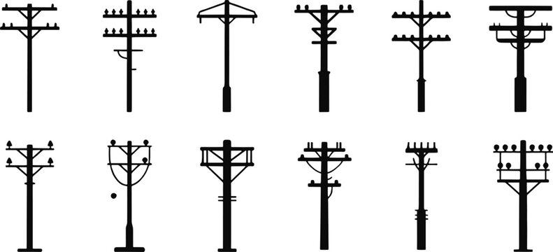 Collection of black silhouette utility poles with insulators and wires power pole electricity pole