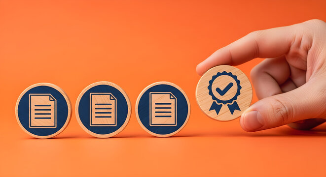 A professional hand arranging wooden discs showing document icons and a quality checkmark symbol to represent certified business standards