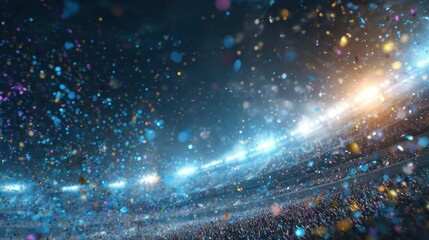 Obraz premium Confetti fills the air as fans celebrate a goal in a vibrant football stadium with bright lights and dynamic energy.