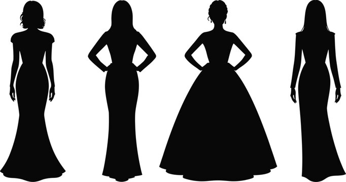 Elegant evening gown silhouettes collection featuring beautiful female models wearing long prom and ball dresses isolated on white background vector.