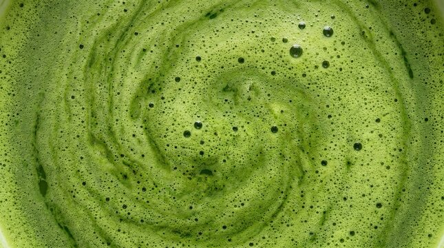 Green matcha tea featuring creamy microfoam, ultra macro full-frame texture, rich frothy surface, natural patterns, premium Japanese beverage