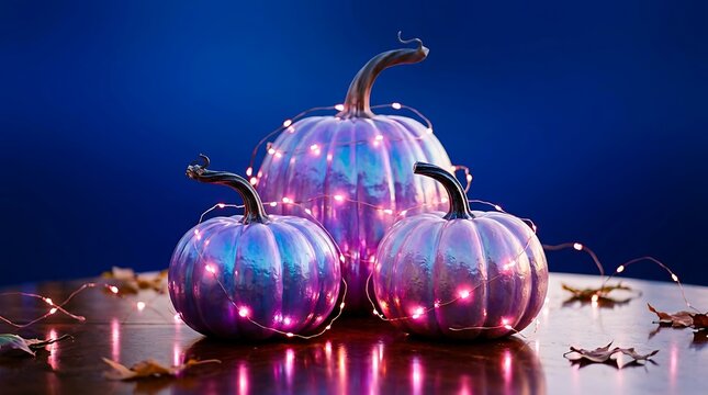 Purple iridescent pumpkins wrapped in pink fairy lights on a wooden table with blue background