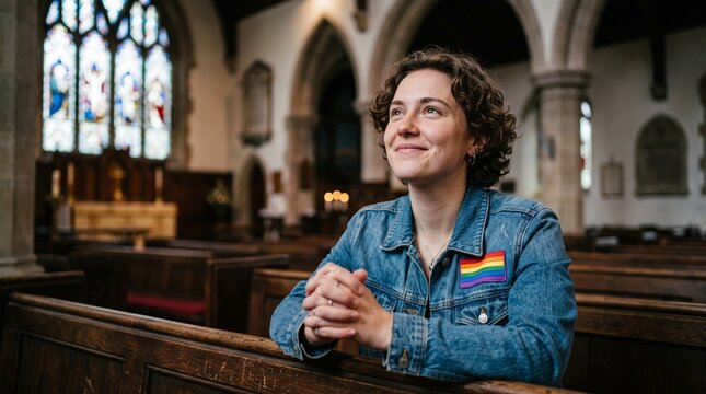 Female with curly hair wearing denim jacket with rainbow patch sits in wooden pews of a church, stained glass windows illuminating the interior space