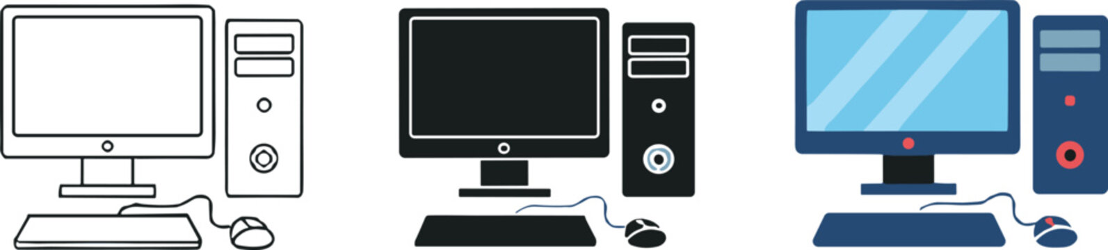 Three styles of desktop computer with monitor keyboard and mouse on white background Keywords: computer, desktop, monitor