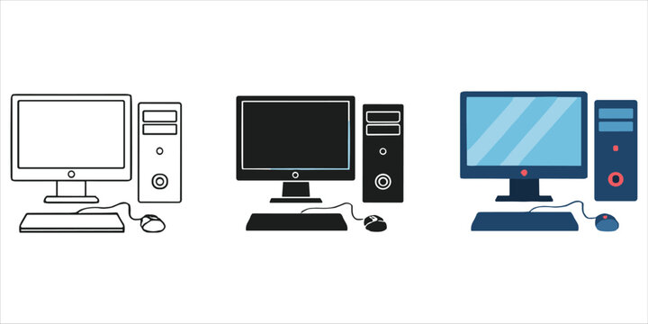 Three styles of desktop computer with monitor keyboard and mouse on white background Keywords: computer, desktop, monitor