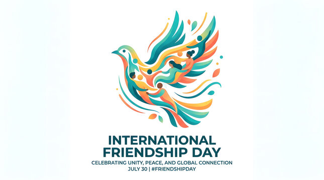 International friendship day design featuring colorful watercolor style dove of peace with people