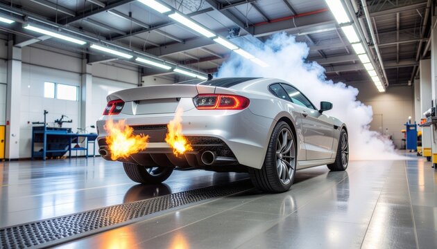Silver sports car burning rubber indoors.