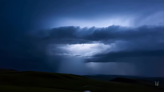 Clouds Over a Dark Landscape with Lightning in the Distance Featuring Storm, Night Sky, Aerial View with Nature and Weather Elements for Atmospheric