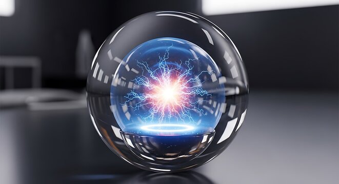 Glass sphere with swirling blue and purple cosmic reflection.