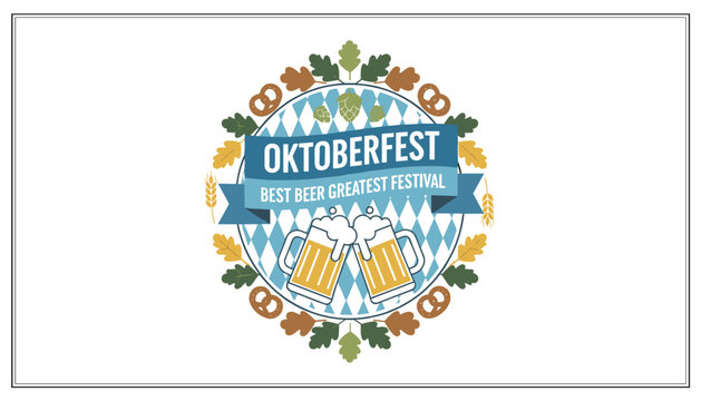 Circular Oktoberfest badge featuring two clinking beer mugs on a bavarian diamond background with autumn leaves.