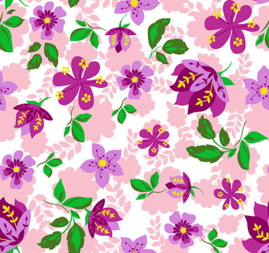 Purple clematis flowers scattered on soft pink floral patterned background