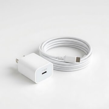 White 20w usbc power adapter and charging cable isolated on white background