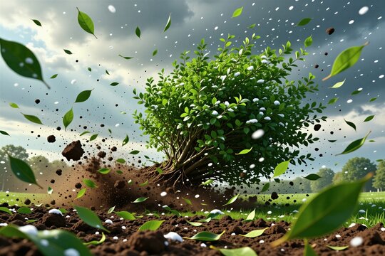 Green bush grows from soil with flying leaves and snow. Dirt clods explode upwards with plant roots exposed. Sky has dark clouds and white dots.