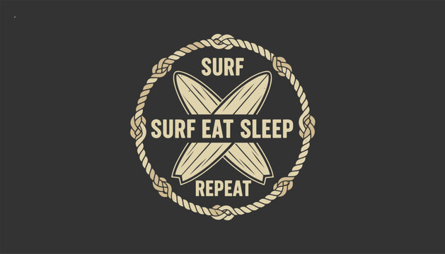 Vintage surf club logo displaying crossed surfboards enclosed in a rope frame with surf eat sleep repeat text.