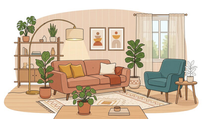 Fototapeta premium Housewarming Party Invitation Card New Home Interior Flat Vector Couch Armchair Plants