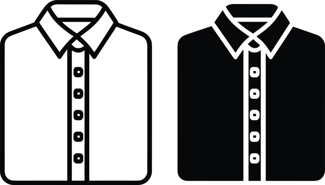 Folded formal shirt icon set with collar and square button details, showing dress shirt vector outline and solid glyph illustration