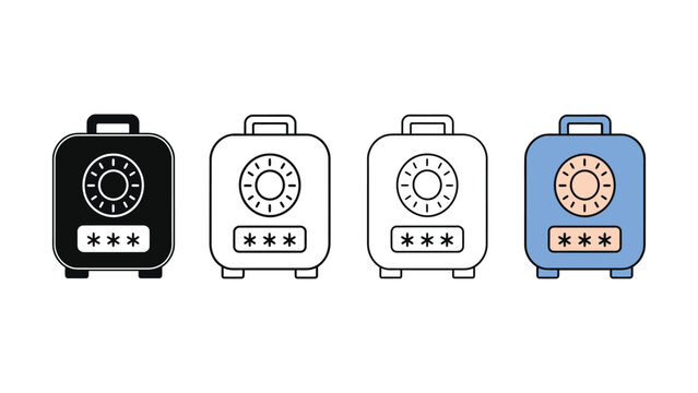Safe deposit box icon set black outline white and blue variations