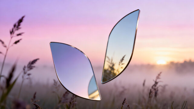 Two leaf shaped mirrors reflect the dawn and dusk wilderness, representing the concept of multi-dimensional brightening, mirror like makeup, and smooth and radiant polishing of the skin.

