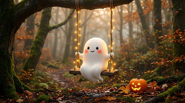 Cute ghost on a swing with glowing lights and pumpkin in autumn forest background