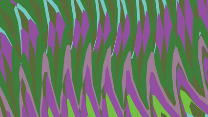 Fototapeta premium Abstract pattern with layered, wavy shapes in green, purple, and teal creating a dynamic, textured design.